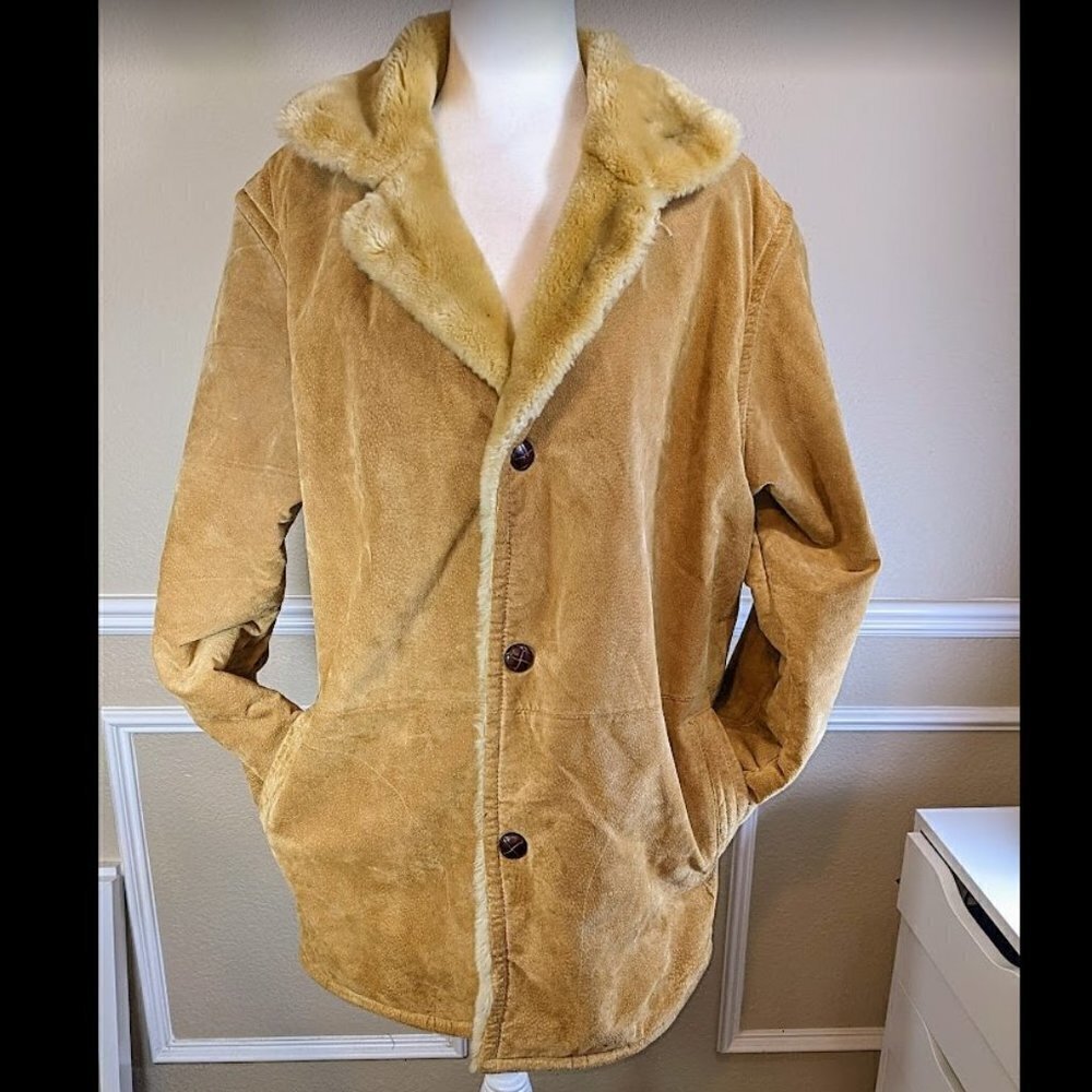 Tan Suede Leather w Faux Fur Lined Long Coat by RC Comstock Expedition